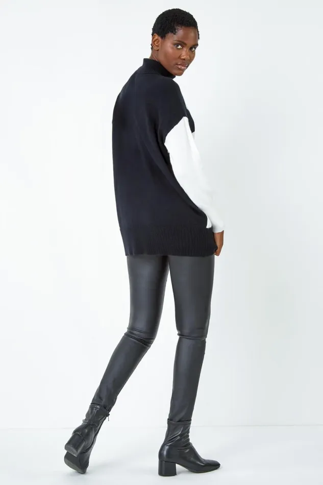 Black Abstract Print Roll Neck Longline Jumper Women Roman Knitwear