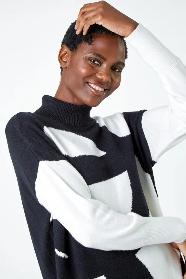 Black Abstract Print Roll Neck Longline Jumper Women Roman Knitwear