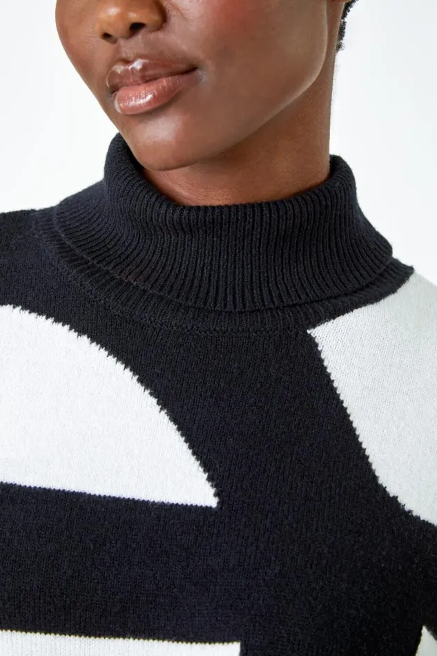 Black Abstract Print Roll Neck Longline Jumper Women Roman Knitwear