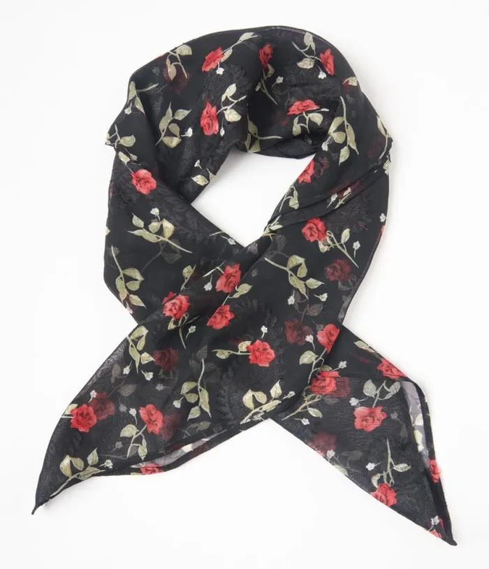 Black and Red Roses Hair Scarf Accessories Unique Vintage Gloves and Scarves