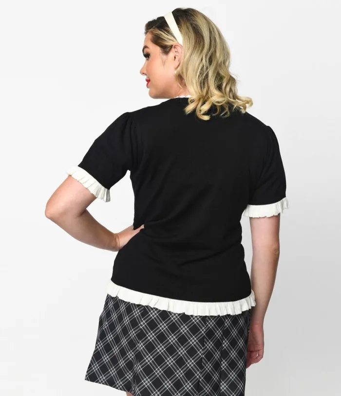 Black and White Frill Short Sleeve Cardigan Clothing Unique Vintage Sweaters and Cardigans