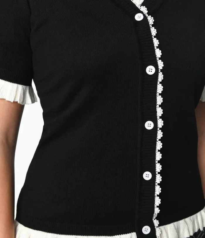 Black and White Frill Short Sleeve Cardigan Clothing Unique Vintage Sweaters and Cardigans