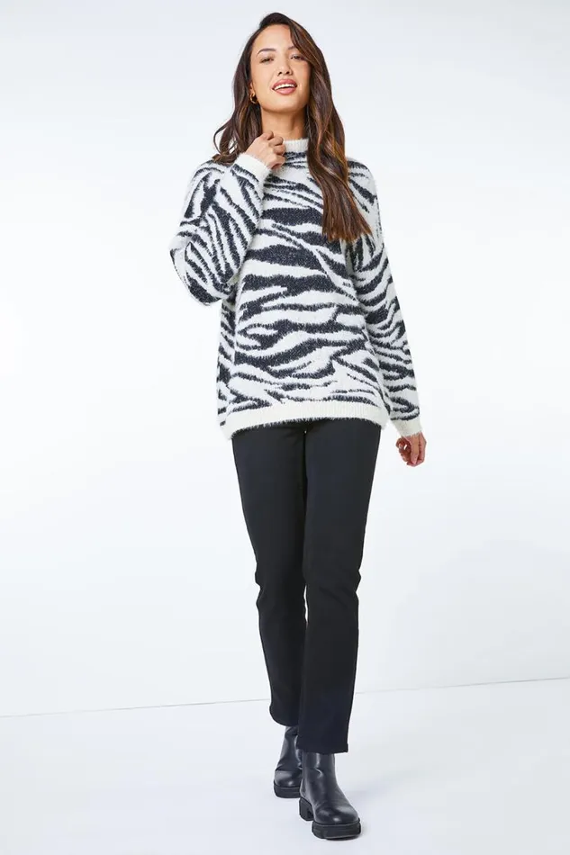 Black Animal Print Fluffy Yarn Jumper Women Roman Tops