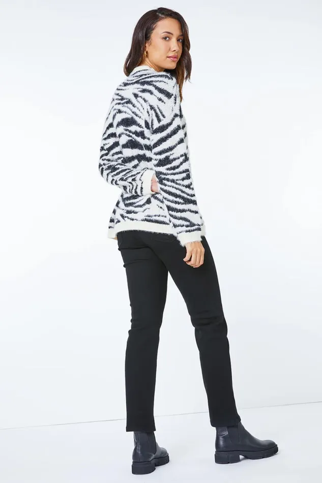 Black Animal Print Fluffy Yarn Jumper Women Roman Tops