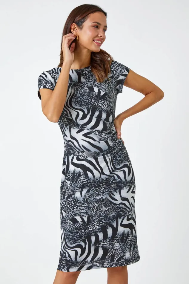 Black Animal Print Gathered Waist Dress Women Roman Dresses