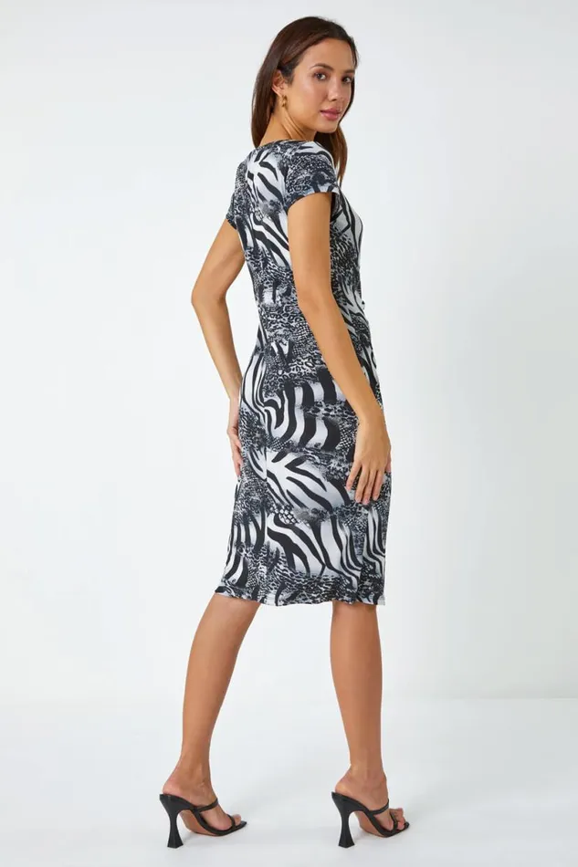Black Animal Print Gathered Waist Dress Women Roman Dresses