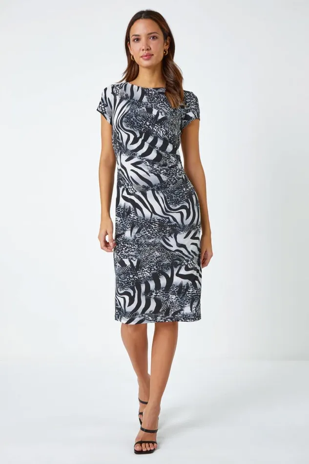 Black Animal Print Gathered Waist Dress Women Roman Dresses