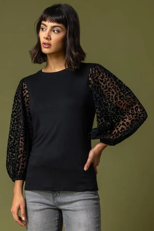 Black Animal Print Mesh Sleeve Top Women Roman Tops