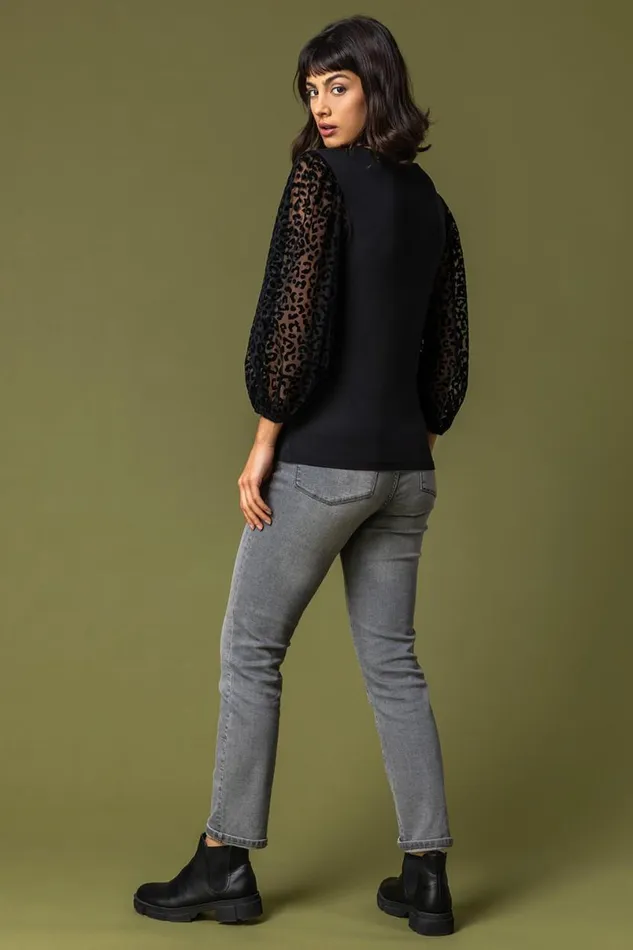 Black Animal Print Mesh Sleeve Top Women Roman Tops