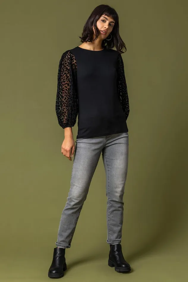 Black Animal Print Mesh Sleeve Top Women Roman Tops