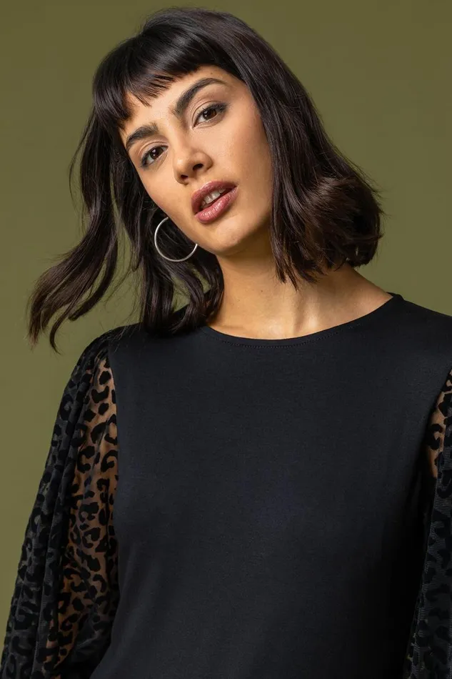 Black Animal Print Mesh Sleeve Top Women Roman Tops