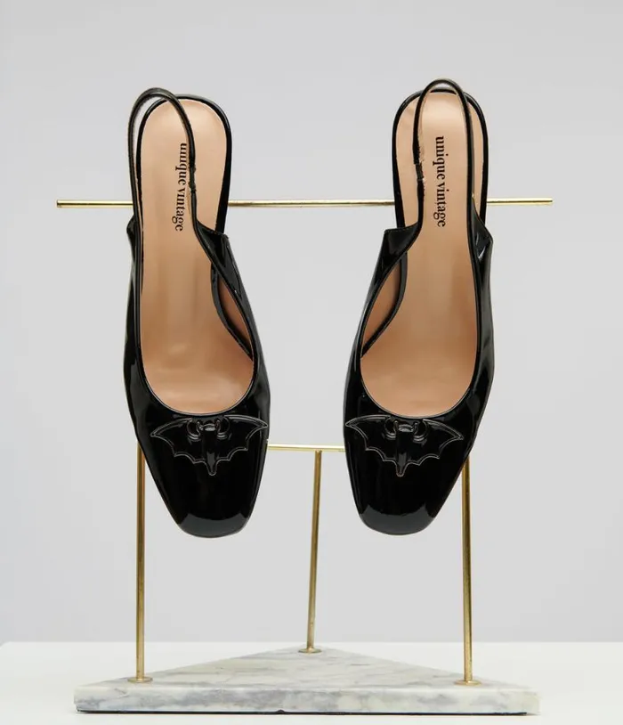 Black Bat Leatherette Slingback Heels HalloweenShoes Unique Vintage Heels