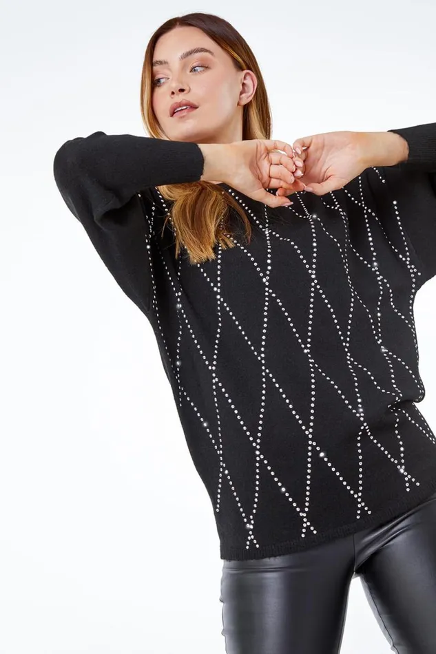 Black Batwing Sleeve Embellished Jumper Women Roman Tops