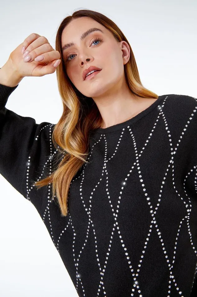 Black Batwing Sleeve Embellished Jumper Women Roman Tops