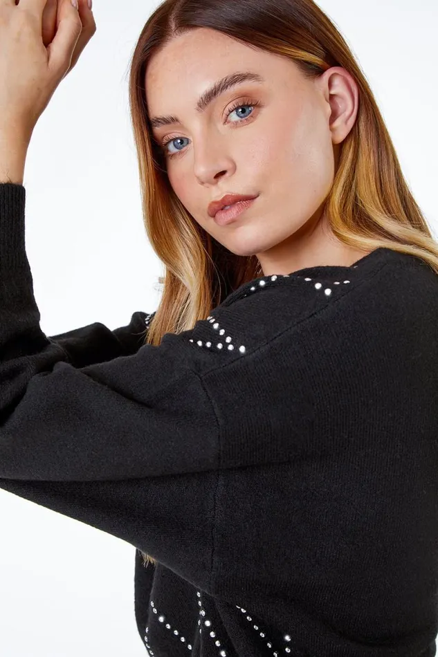 Black Batwing Sleeve Embellished Jumper Women Roman Tops