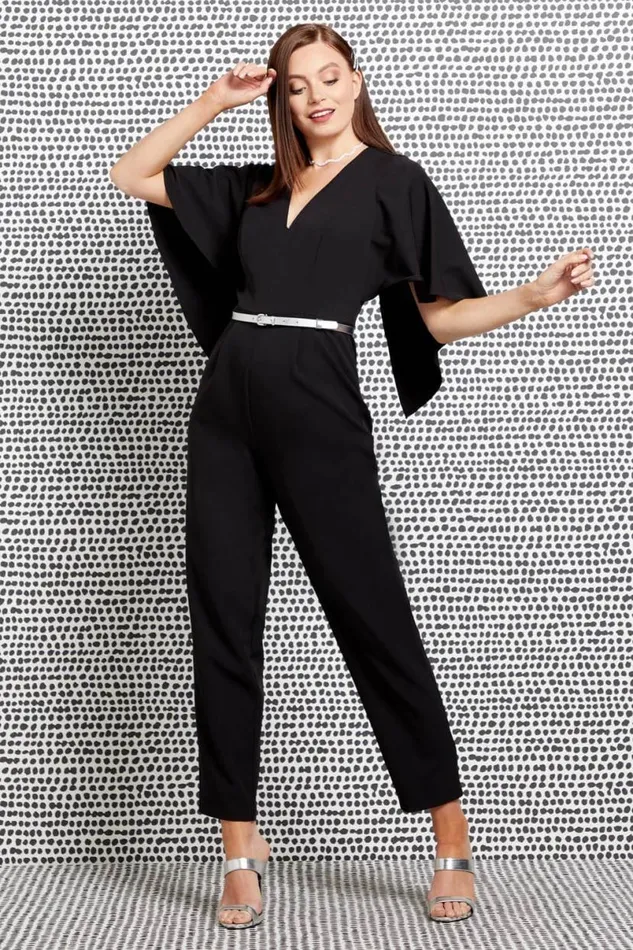 Black Belted Cape VNeck Jumpsuit Women Roman Dresses