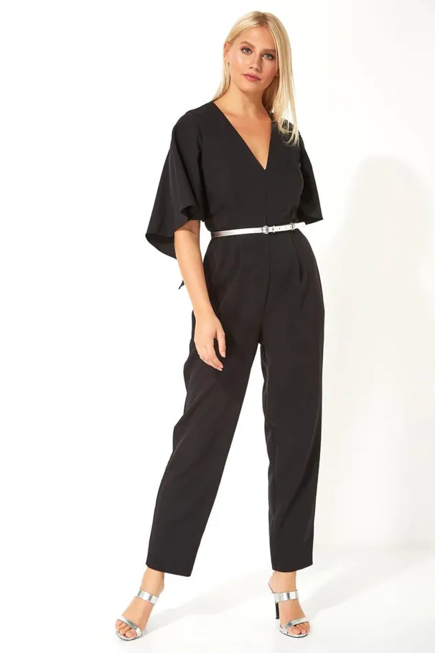 Black Belted Cape VNeck Jumpsuit Women Roman Dresses
