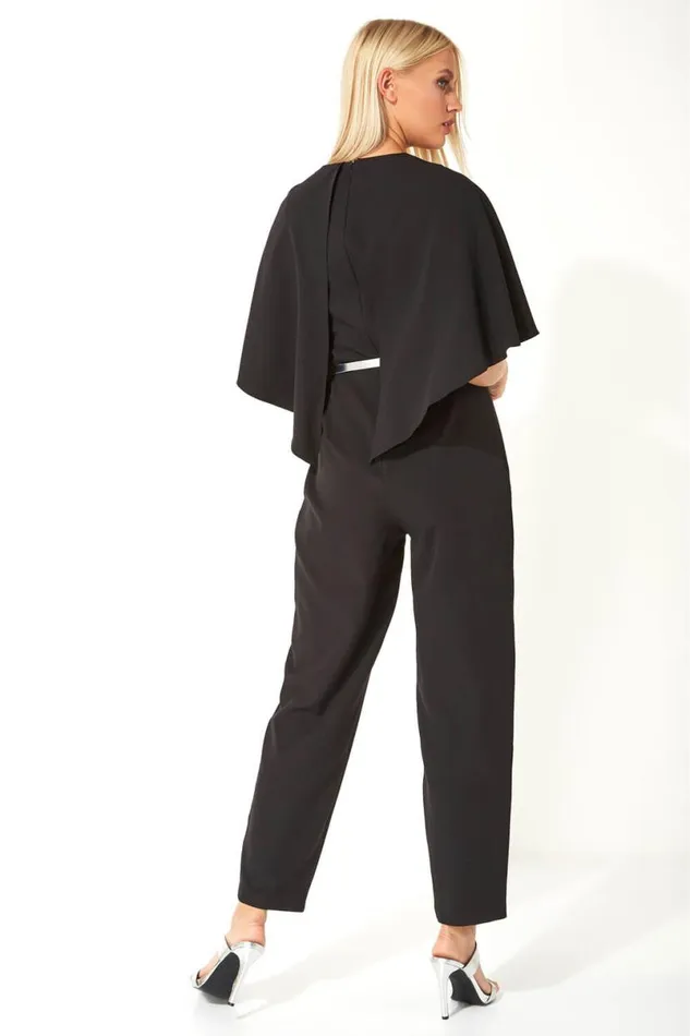 Black Belted Cape VNeck Jumpsuit Women Roman Dresses