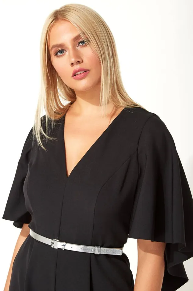 Black Belted Cape VNeck Jumpsuit Women Roman Dresses