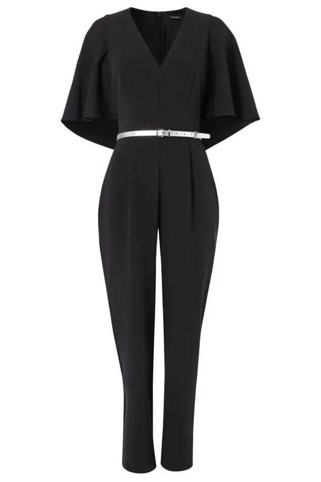 Black Belted Cape VNeck Jumpsuit Women Roman Dresses
