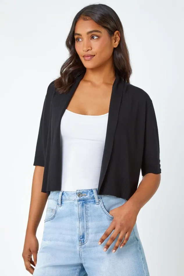 Black Button Cuff Knitted Shrug Women Roman Jackets