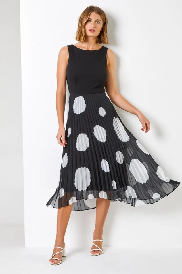 Black Contrast Spot Print Chiffon Fit and Flare Dress Women Roman Dresses