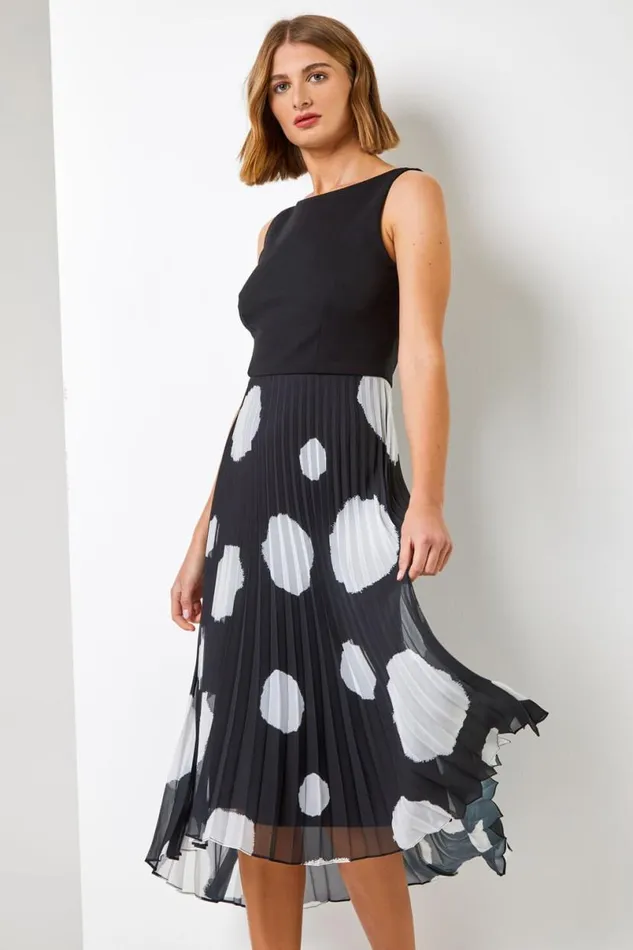 Black Contrast Spot Print Chiffon Fit and Flare Dress Women Roman Dresses