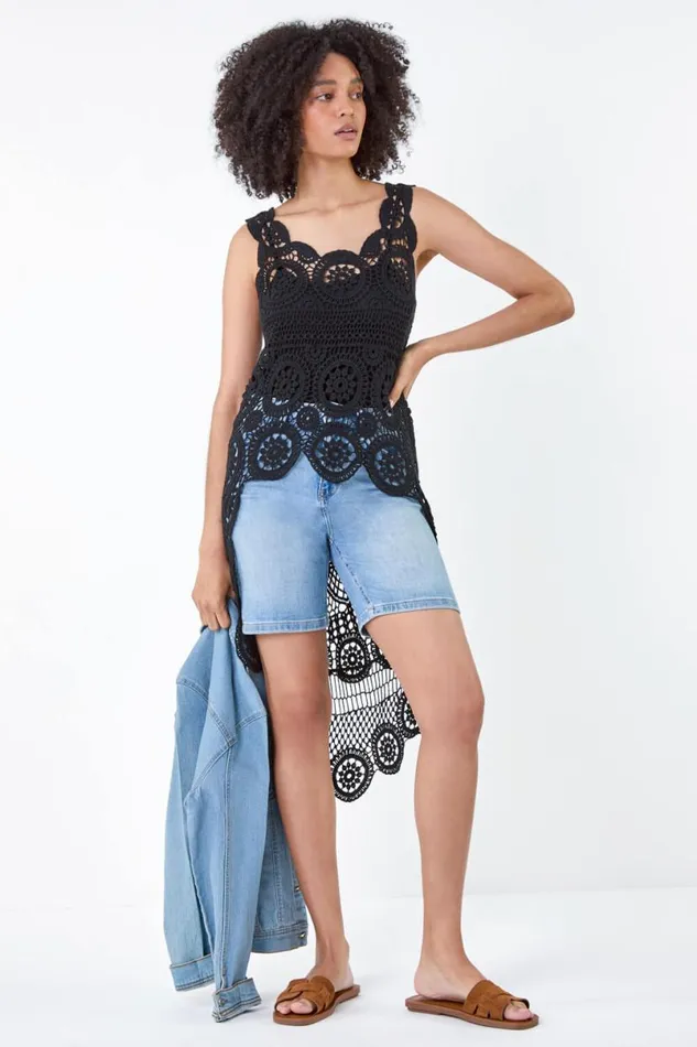 Black Cotton Crochet Dipped Hem Knit Top Women Roman Tops