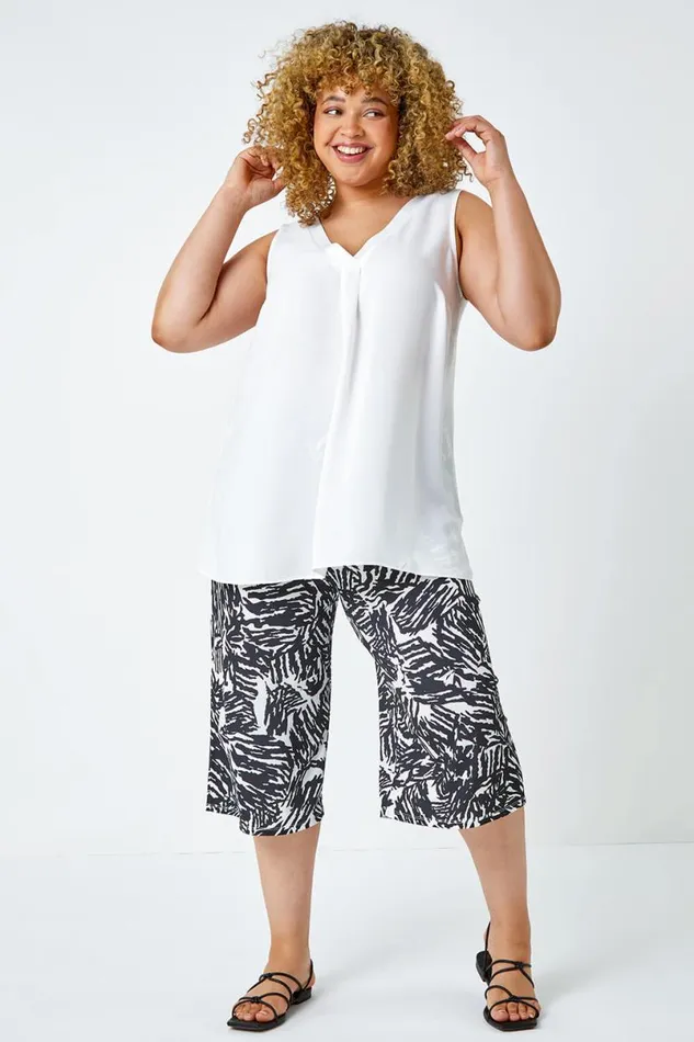 Black Curve Abstract Print Stretch Cropped Culottes Women Roman Trousers