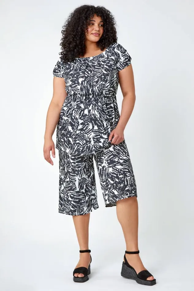 Black Curve Abstract Print Stretch Cropped Culottes Women Roman Trousers
