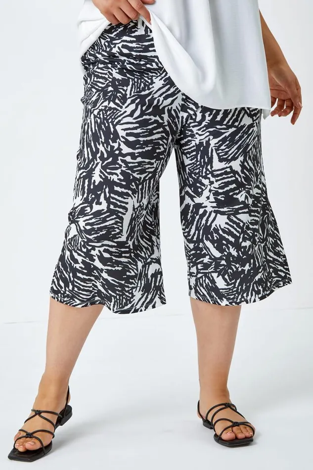 Black Curve Abstract Print Stretch Cropped Culottes Women Roman Trousers