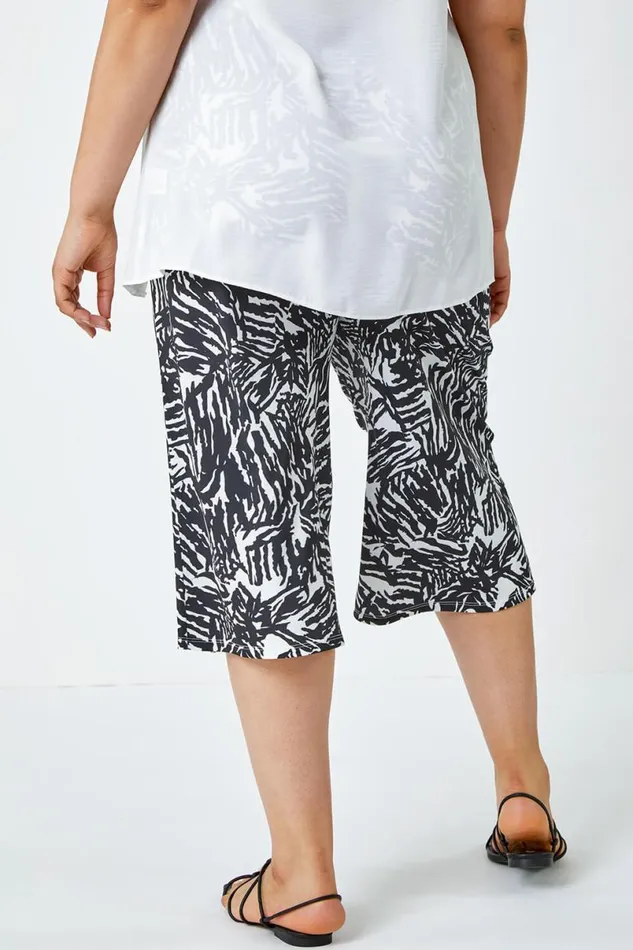 Black Curve Abstract Print Stretch Cropped Culottes Women Roman Trousers