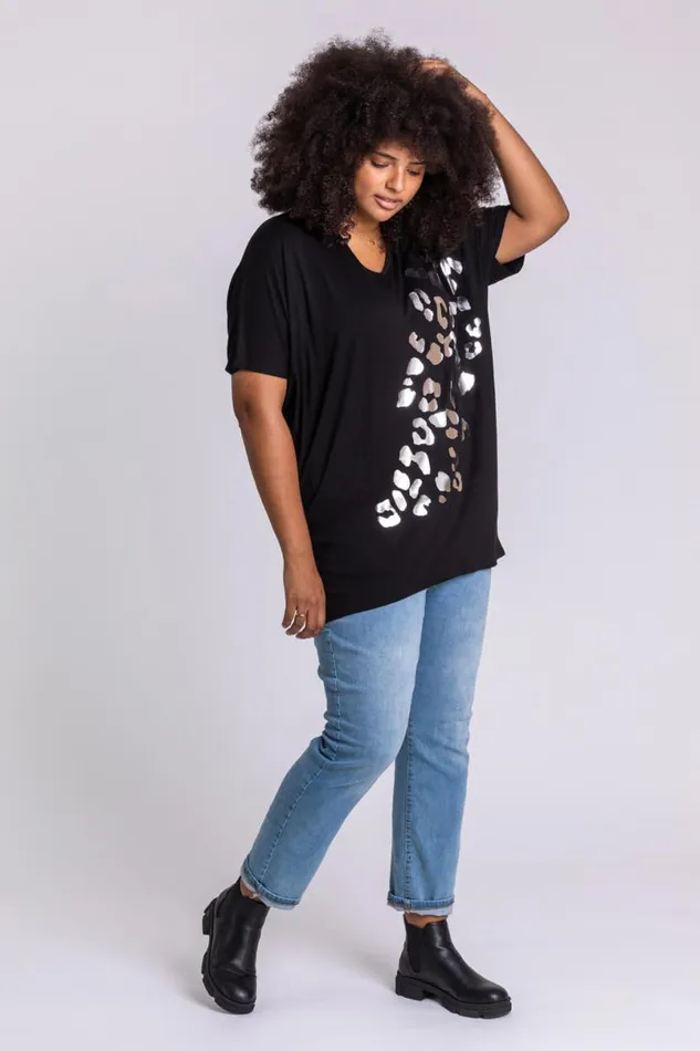 Black Curve Embellished Animal Print TShirt Women Roman Tops