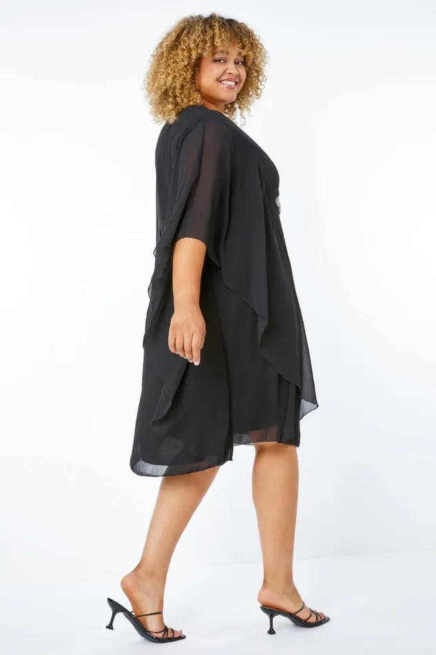 Black Curve Embellished Chiffon Overlay Dress Women Roman Dresses