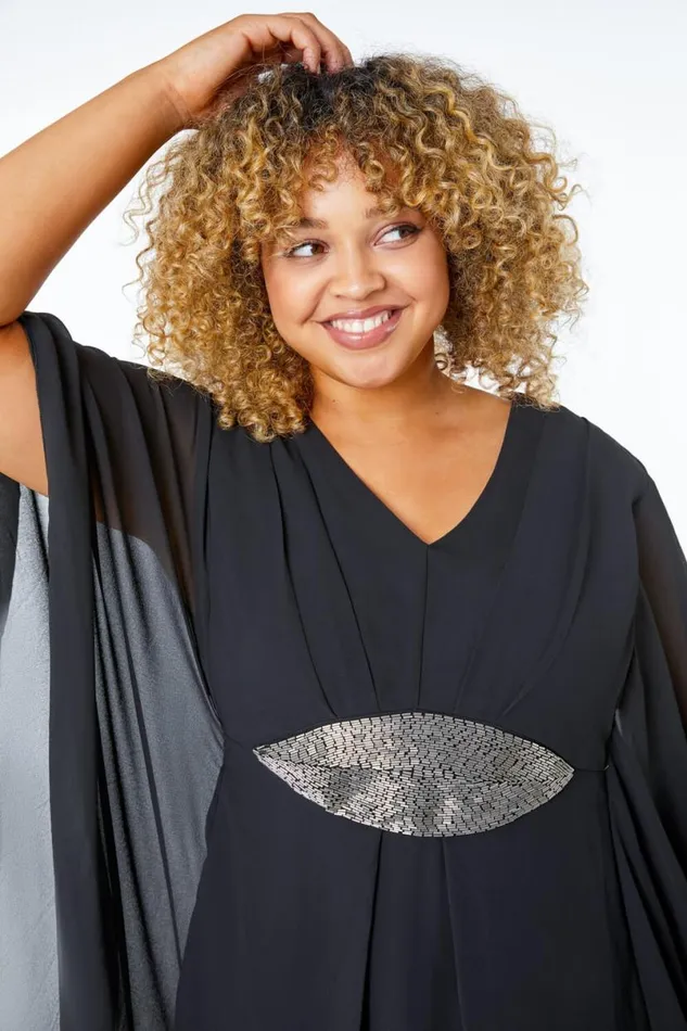 Black Curve Embellished Chiffon Overlay Dress Women Roman Dresses