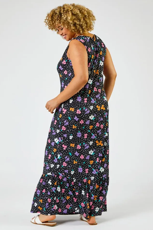 Black Curve Floral Spot Print Tiered Maxi Dress Women Roman Dresses