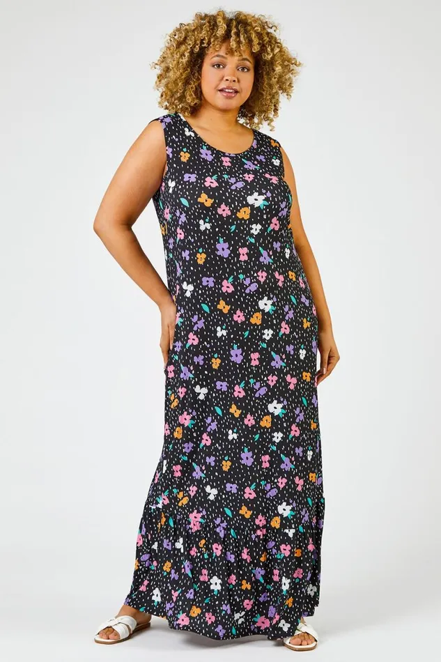 Black Curve Floral Spot Print Tiered Maxi Dress Women Roman Dresses