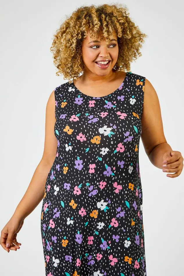 Black Curve Floral Spot Print Tiered Maxi Dress Women Roman Dresses