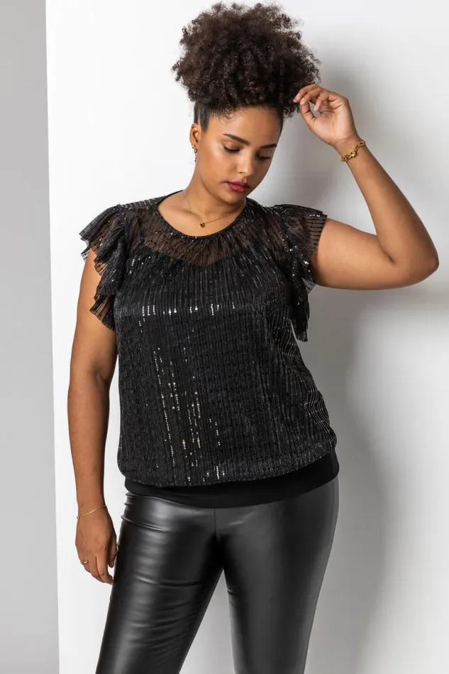 Black Curve Frill Plisse Blouson Top Women Roman Tops
