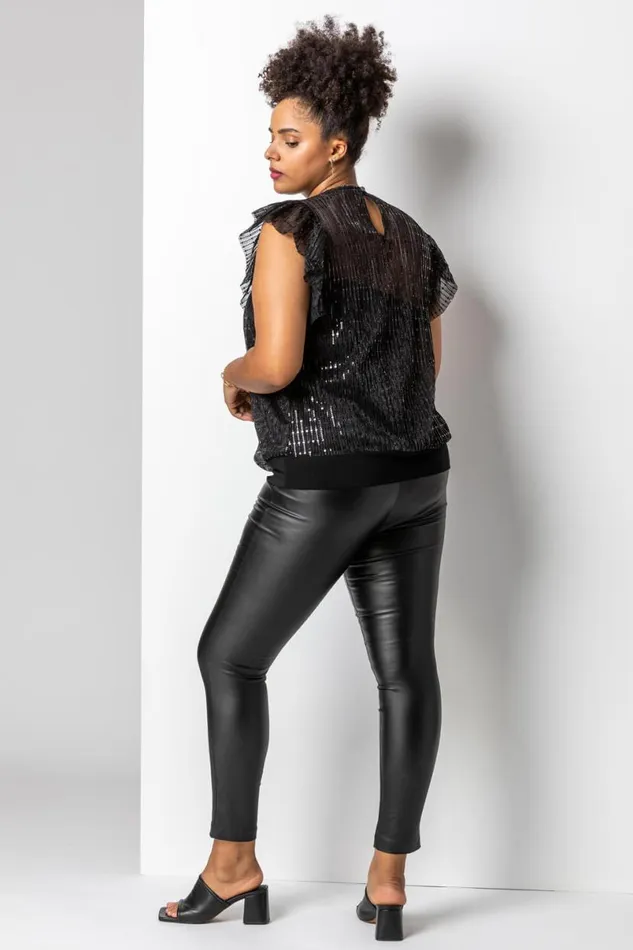 Black Curve Frill Plisse Blouson Top Women Roman Tops