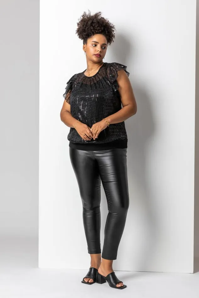 Black Curve Frill Plisse Blouson Top Women Roman Tops