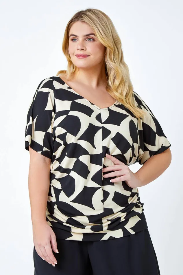 Black Curve Geometric Print VNeck Blouson Top Women Roman Tops