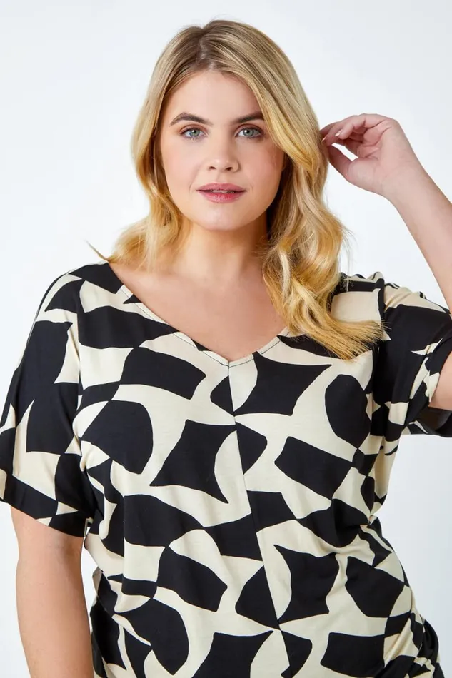Black Curve Geometric Print VNeck Blouson Top Women Roman Tops
