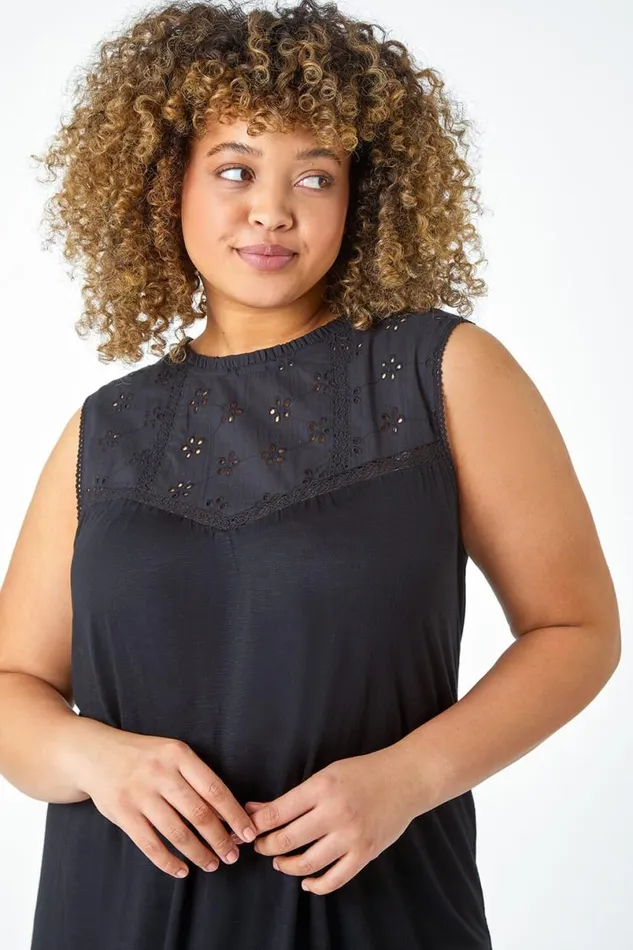 Black Curve Sleeveless Longline Broderie Top Women Roman Tops