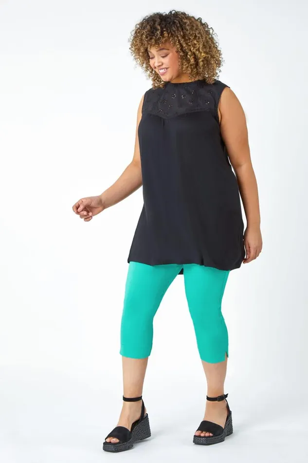 Black Curve Sleeveless Longline Broderie Top Women Roman Tops