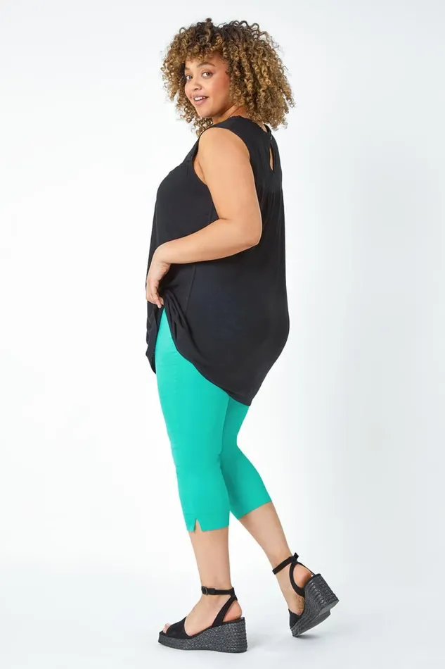 Black Curve Sleeveless Longline Broderie Top Women Roman Tops