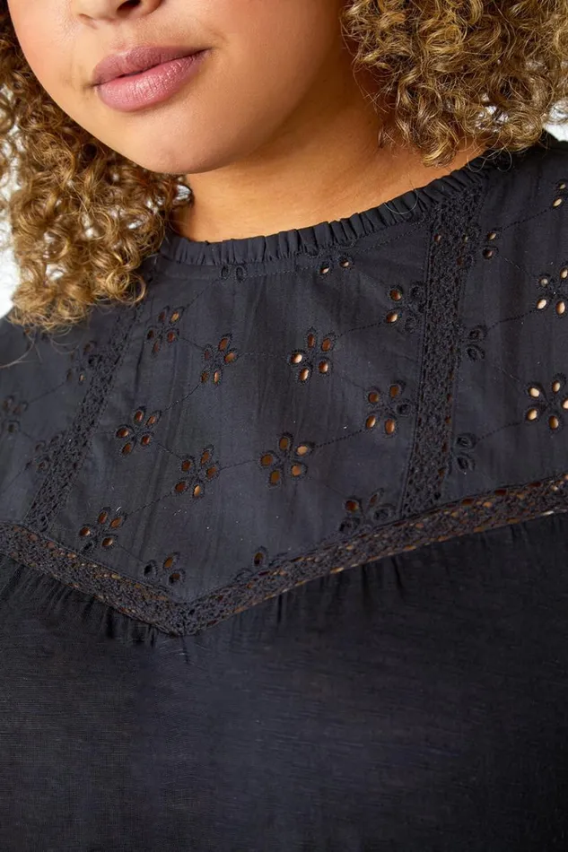 Black Curve Sleeveless Longline Broderie Top Women Roman Tops