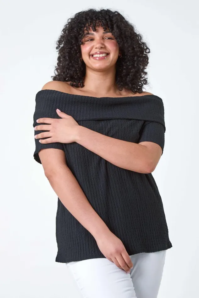 Black Curve Textured Stretch Bardot Top Women Roman Tops