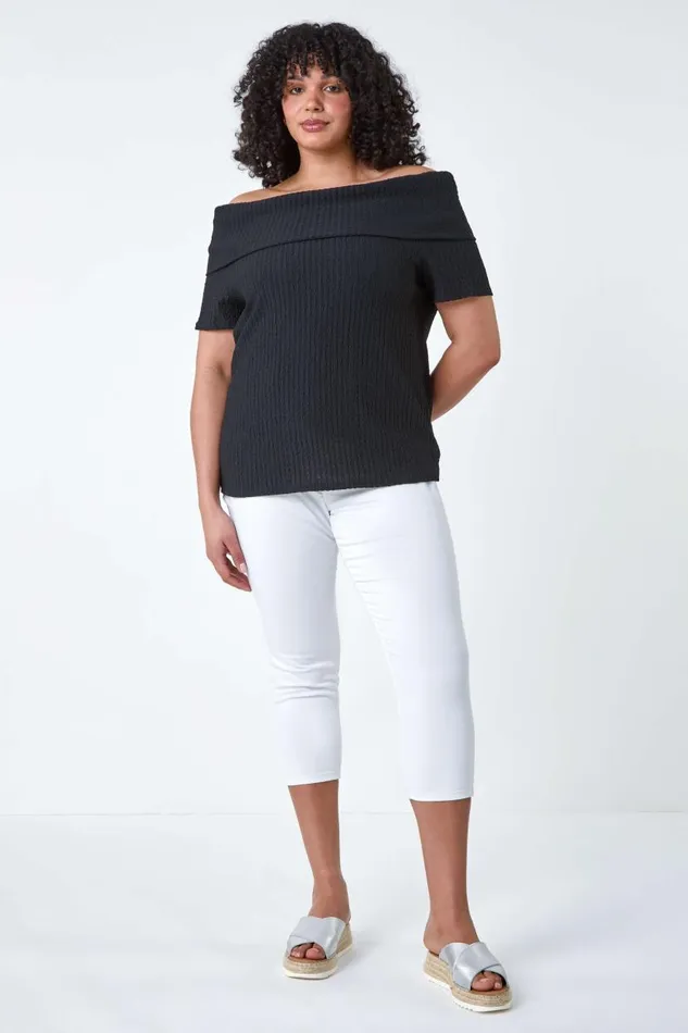 Black Curve Textured Stretch Bardot Top Women Roman Tops