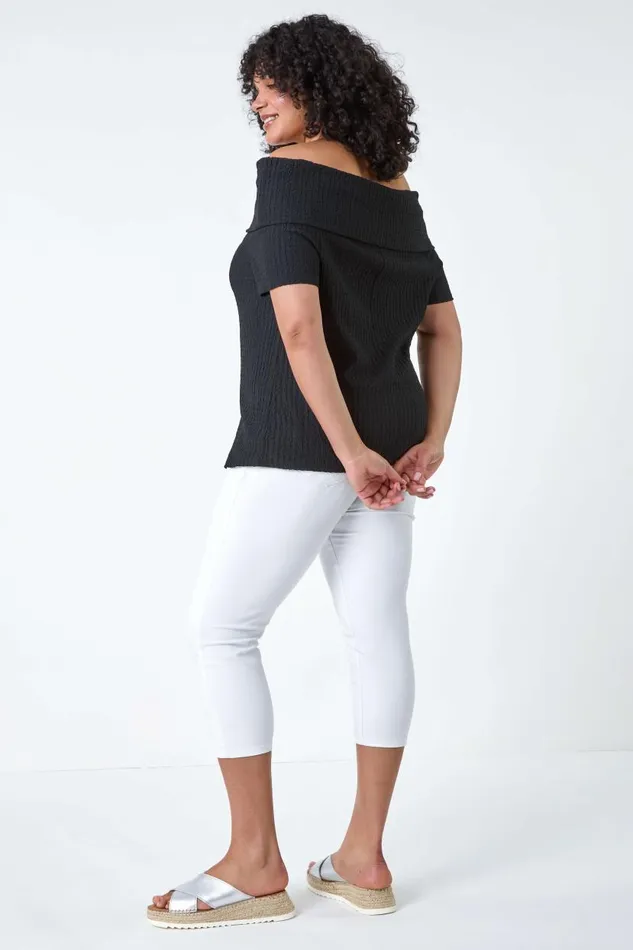 Black Curve Textured Stretch Bardot Top Women Roman Tops